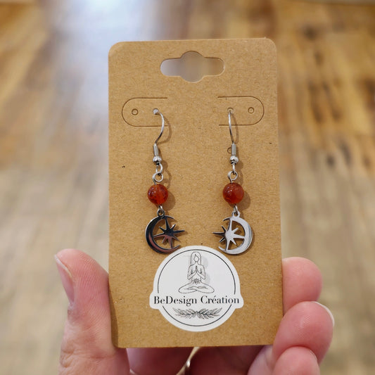 Boucles d’oreilles Étoile/lune Agate de feu