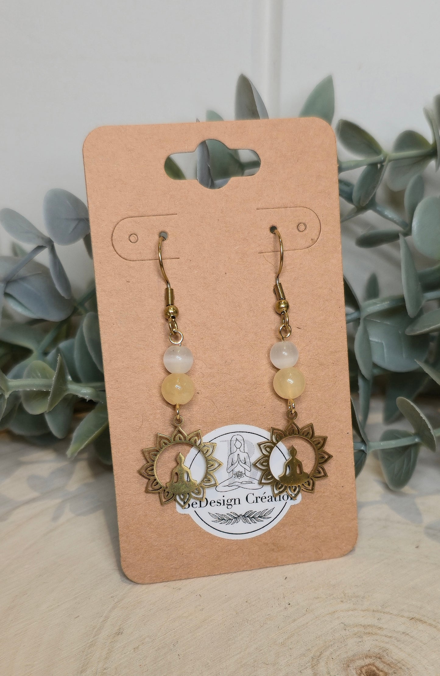 Boucles d’oreilles Méditation Mandala gold Calcite miel et Sélénite