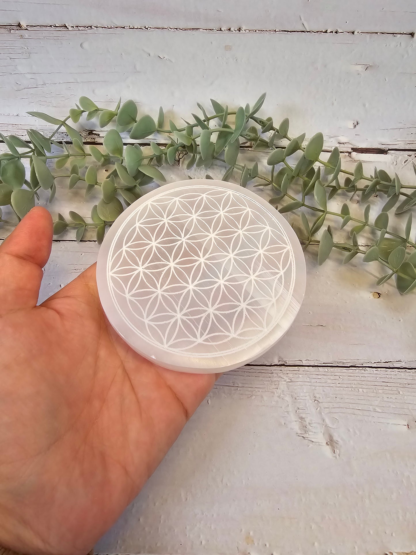 Plaque Sélénite Fleur de vie 10cm