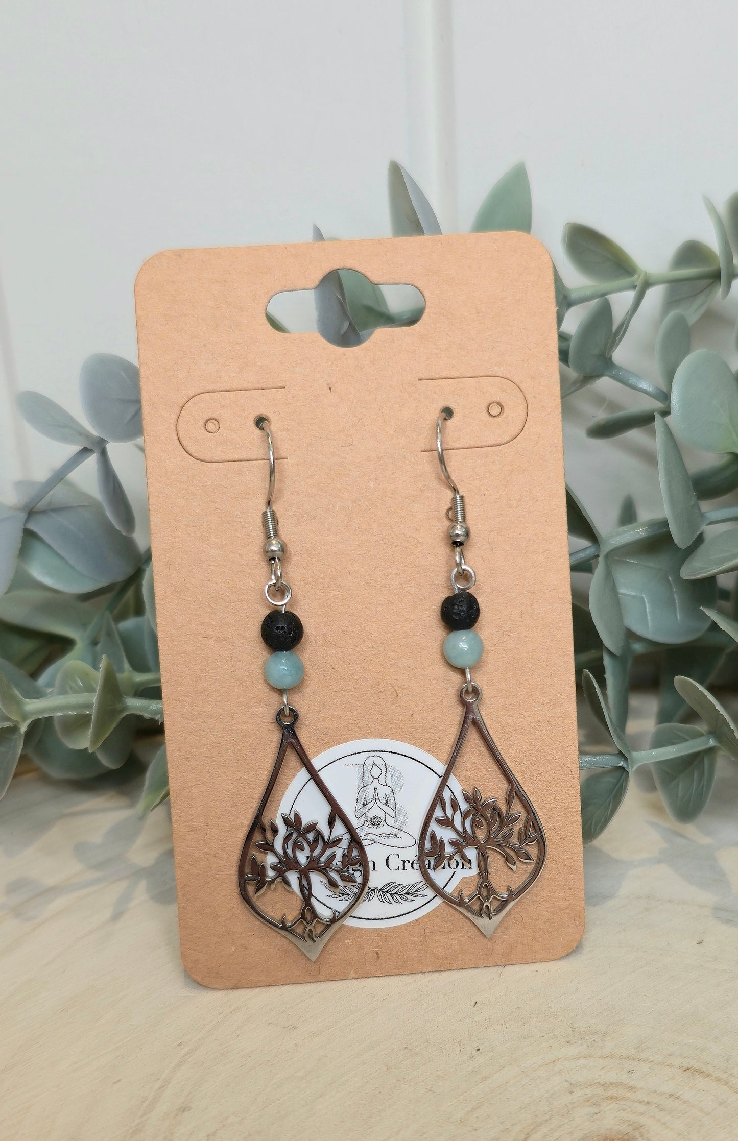 Boucles d’oreilles Arbre de vie Amazonite et Pierre de lave