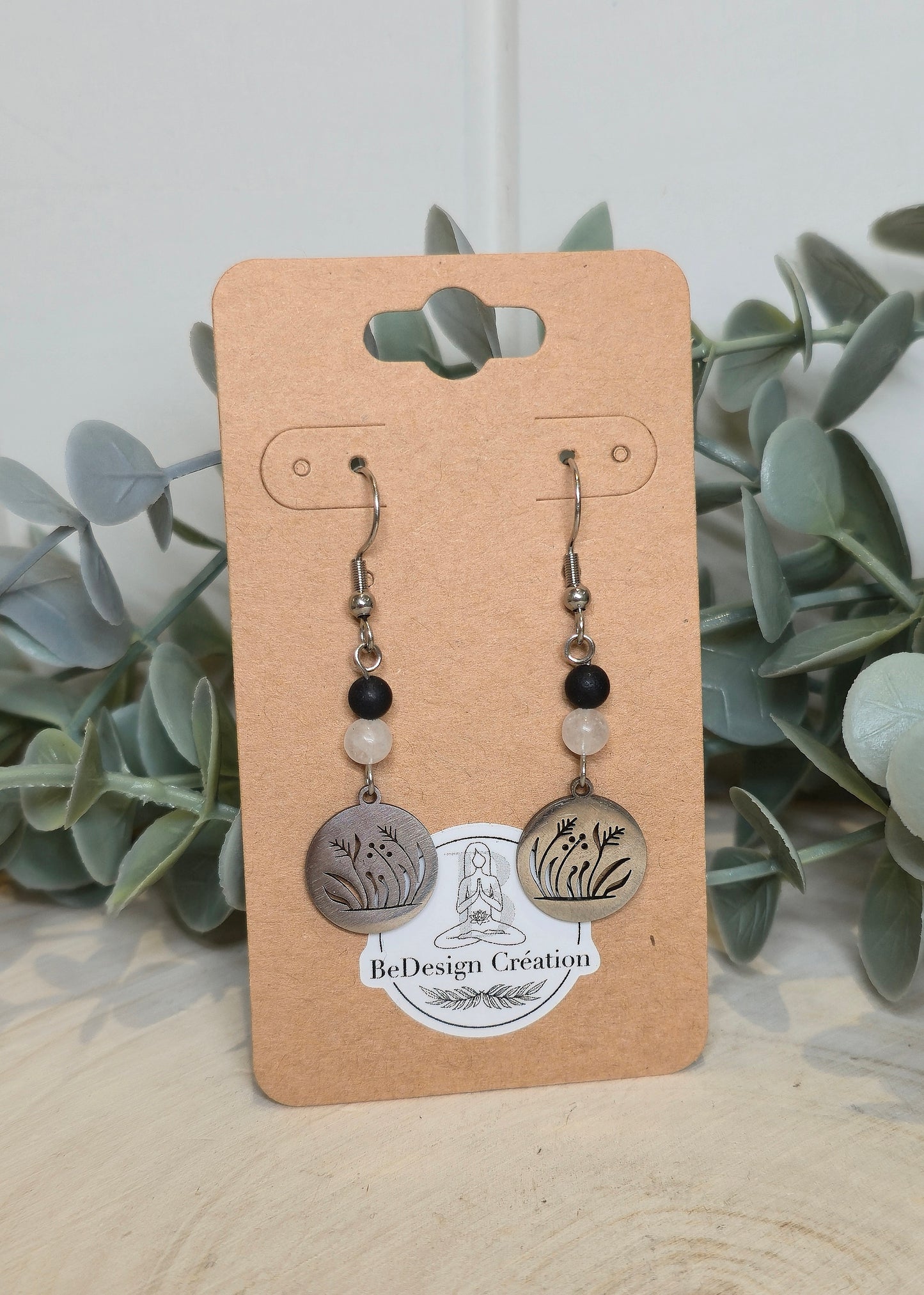 Boucles d’oreilles Fleurs herbe Quartz clair et Shungite
