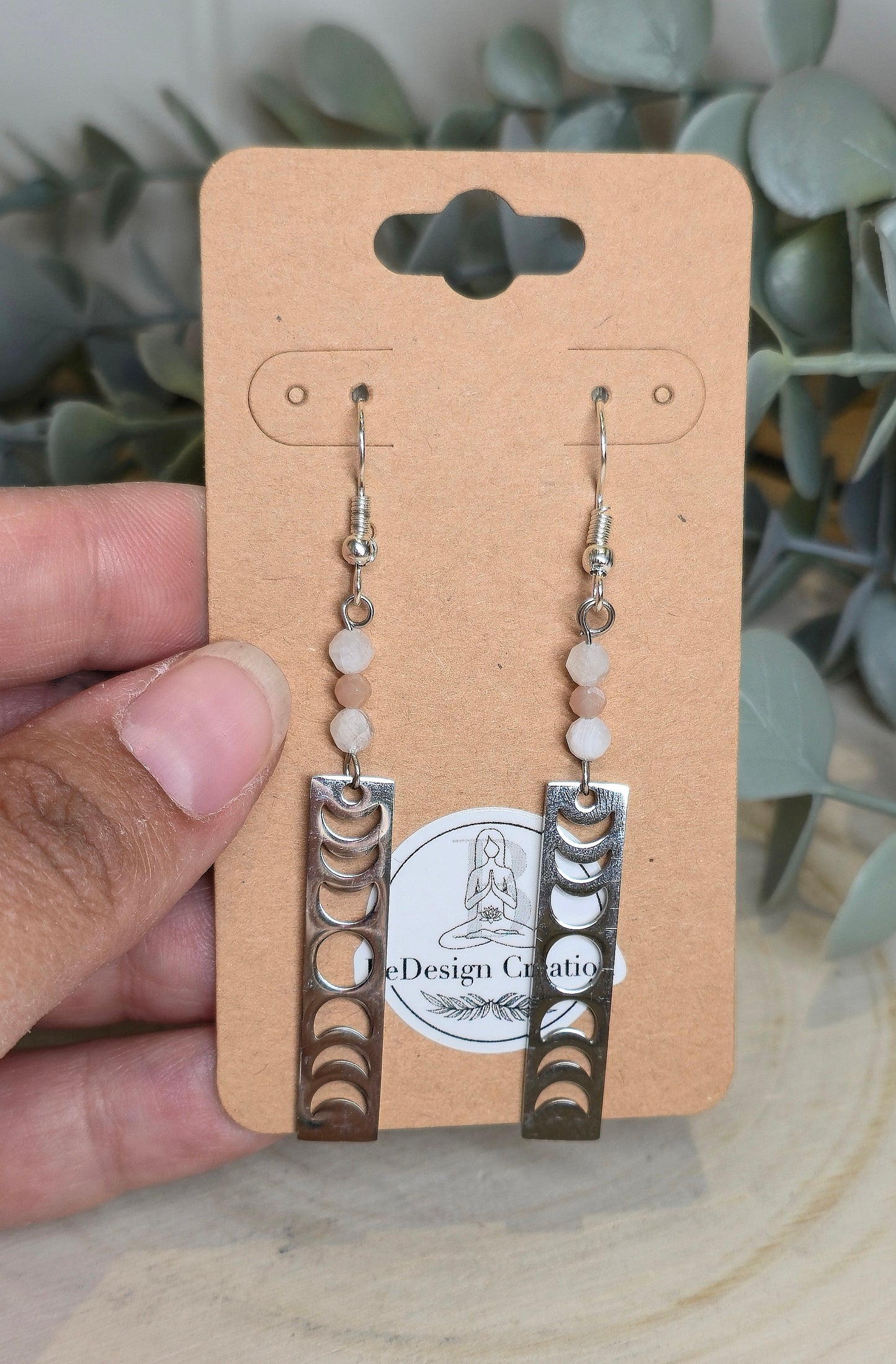 Boucles d’oreilles Phase Lunaire avec Pierre de lune et Pierre de lune pêche