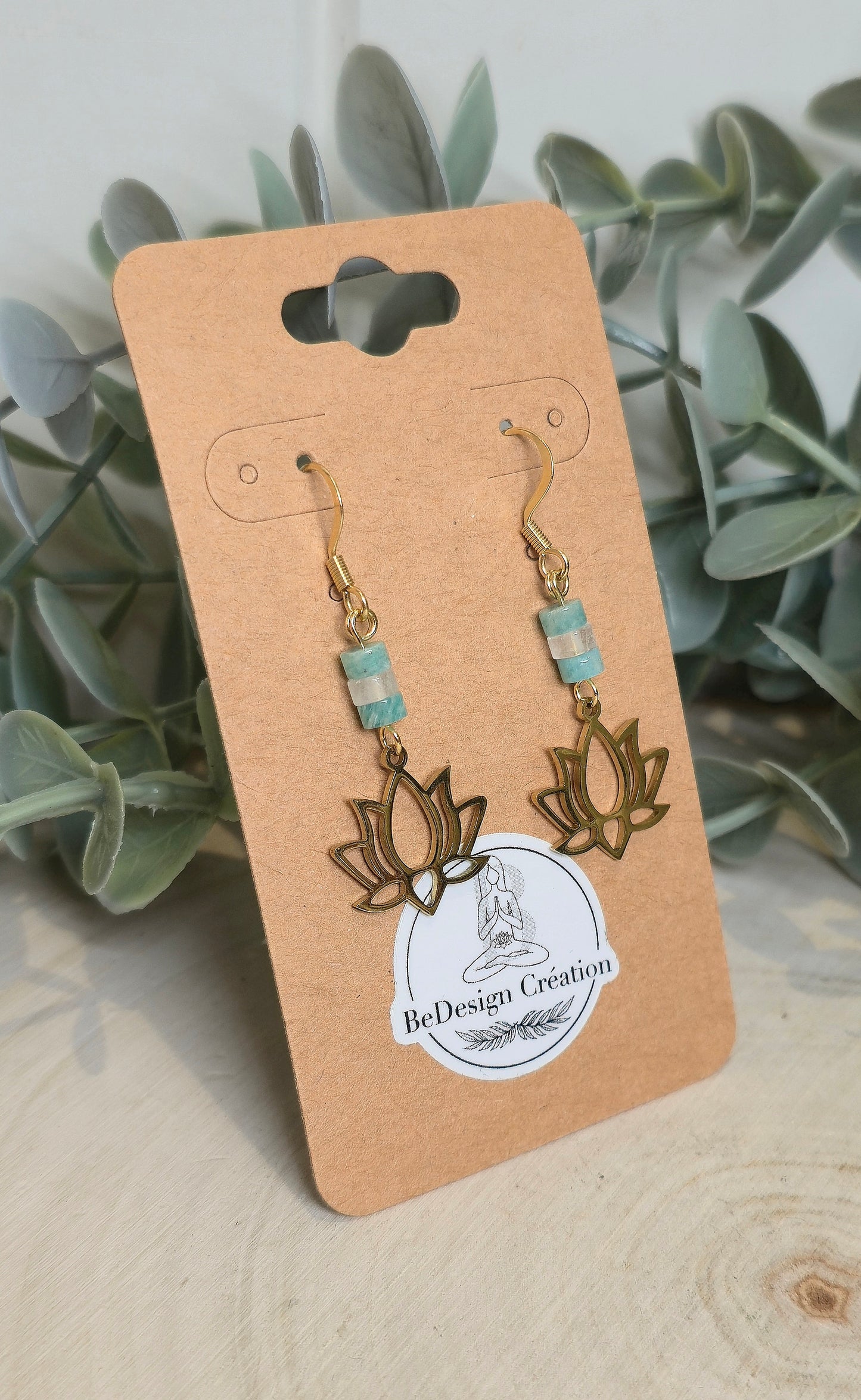 Boucles d’oreilles Lotus gold Amazonite et Quartz clair