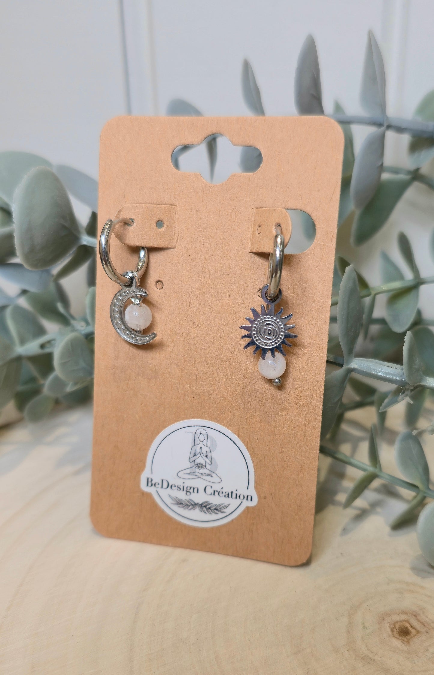Boucles d’oreilles anneau Soleil/Lune Pierre de lune