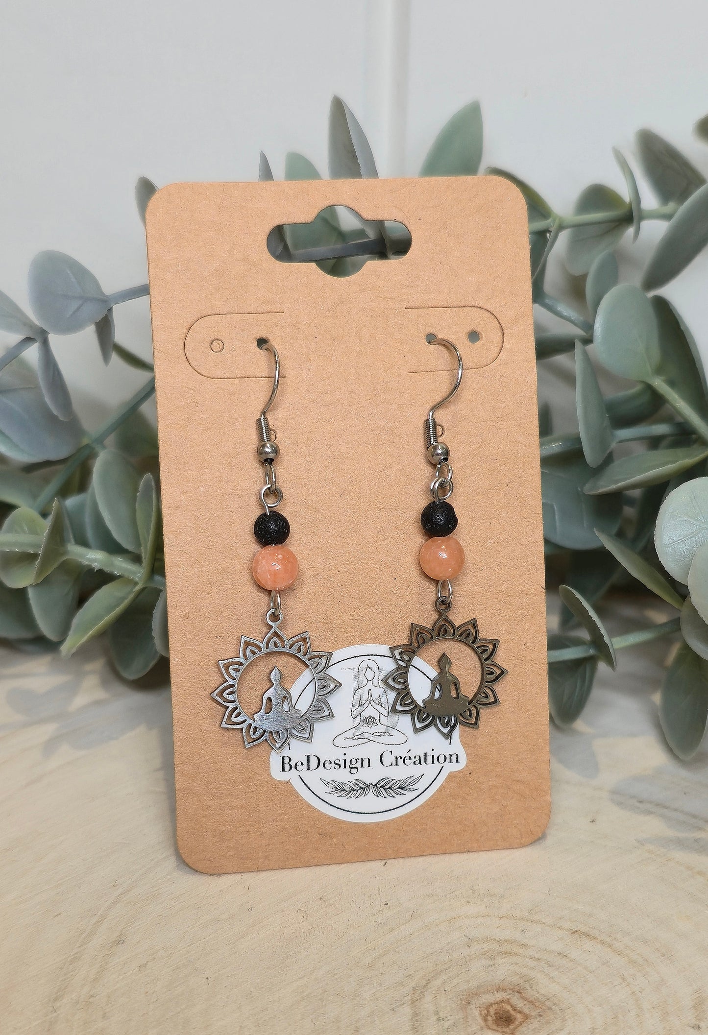Boucles d’oreilles Méditation Mandala Calcite pêche et Pierre de lave