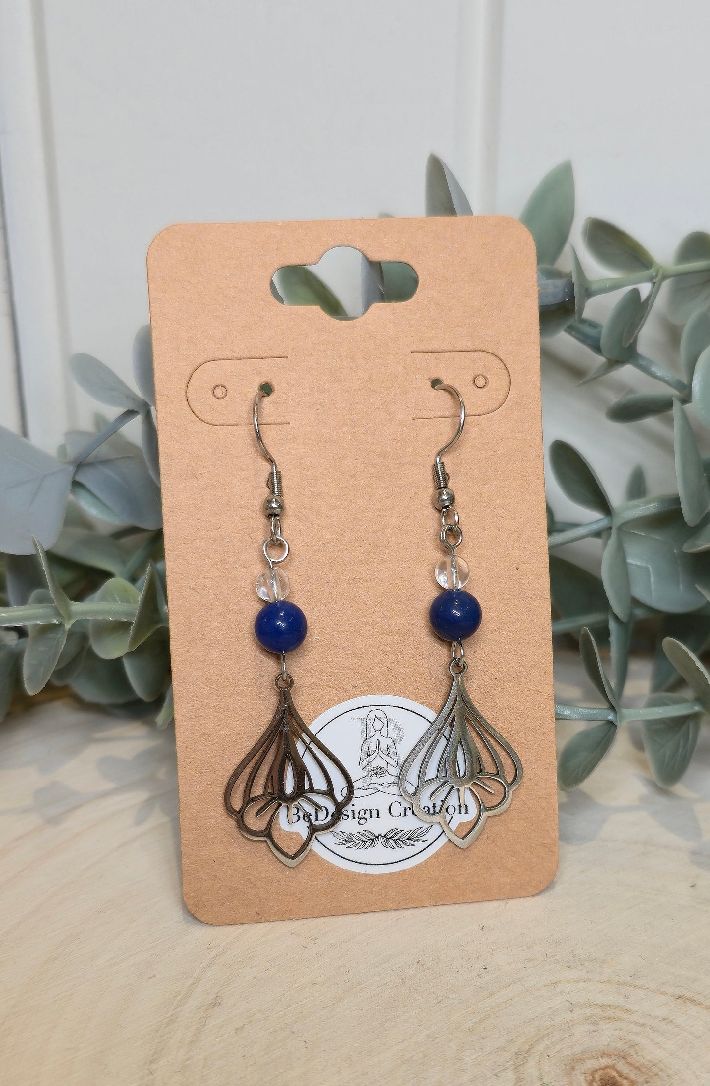 Boucles d’oreilles Lotus Aventurine bleue et Quartz clair