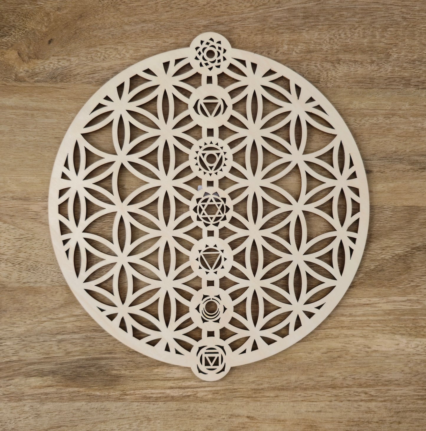 Plateau en bois naturel Fleur de vie chakras 8,7"