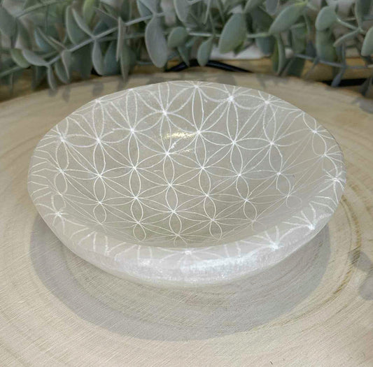 Bol de sélénite rond avec Fleur de vie