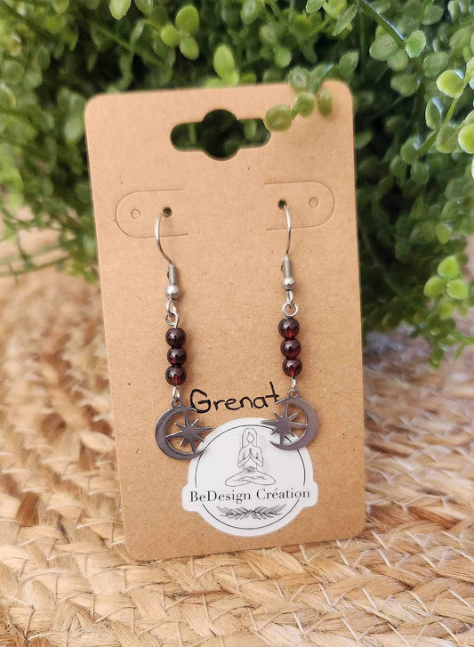 Boucles d’oreilles Lune étoilé Grenat