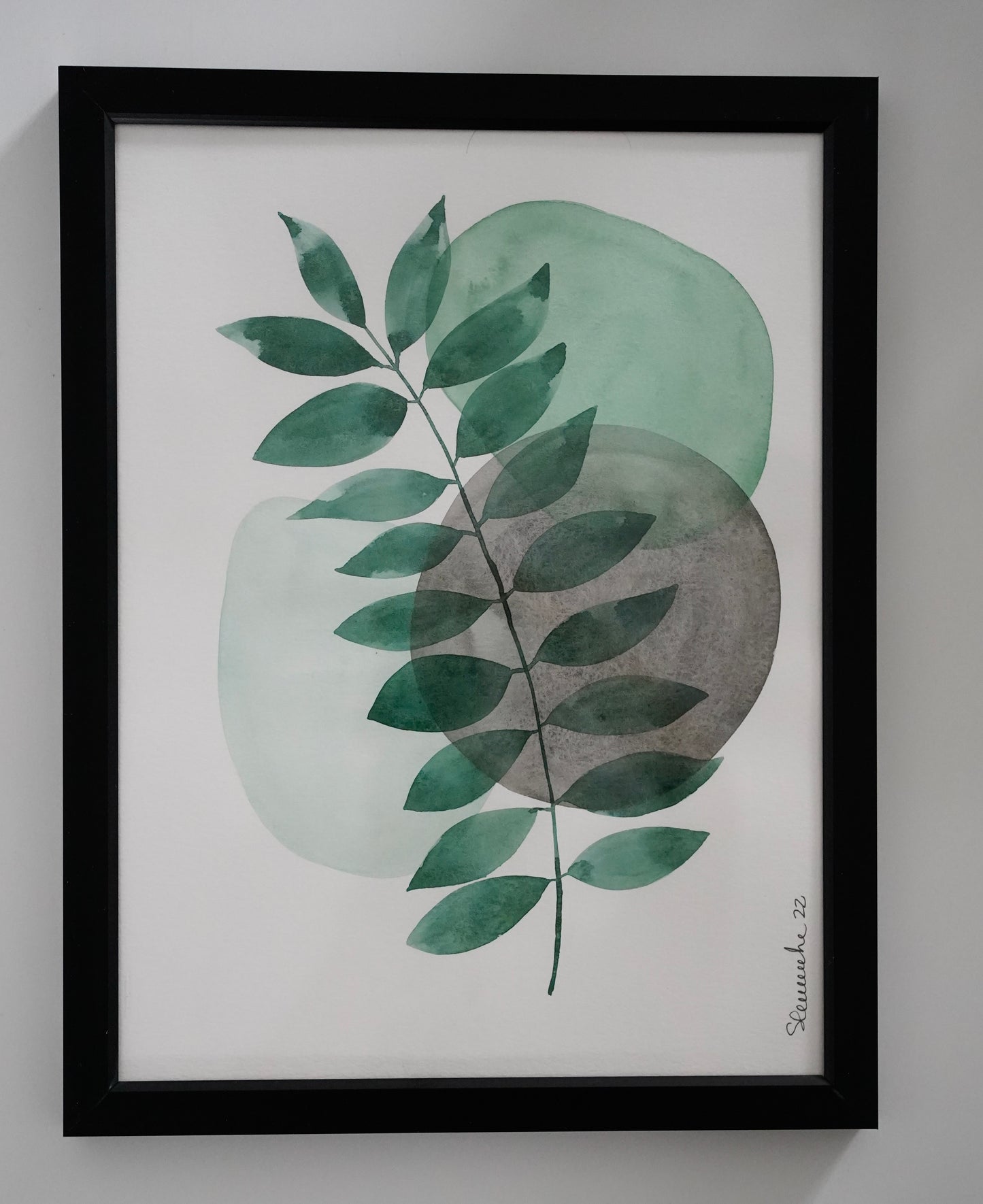 Aquarelle imprimée - Abstrait et feuillage vert/gris