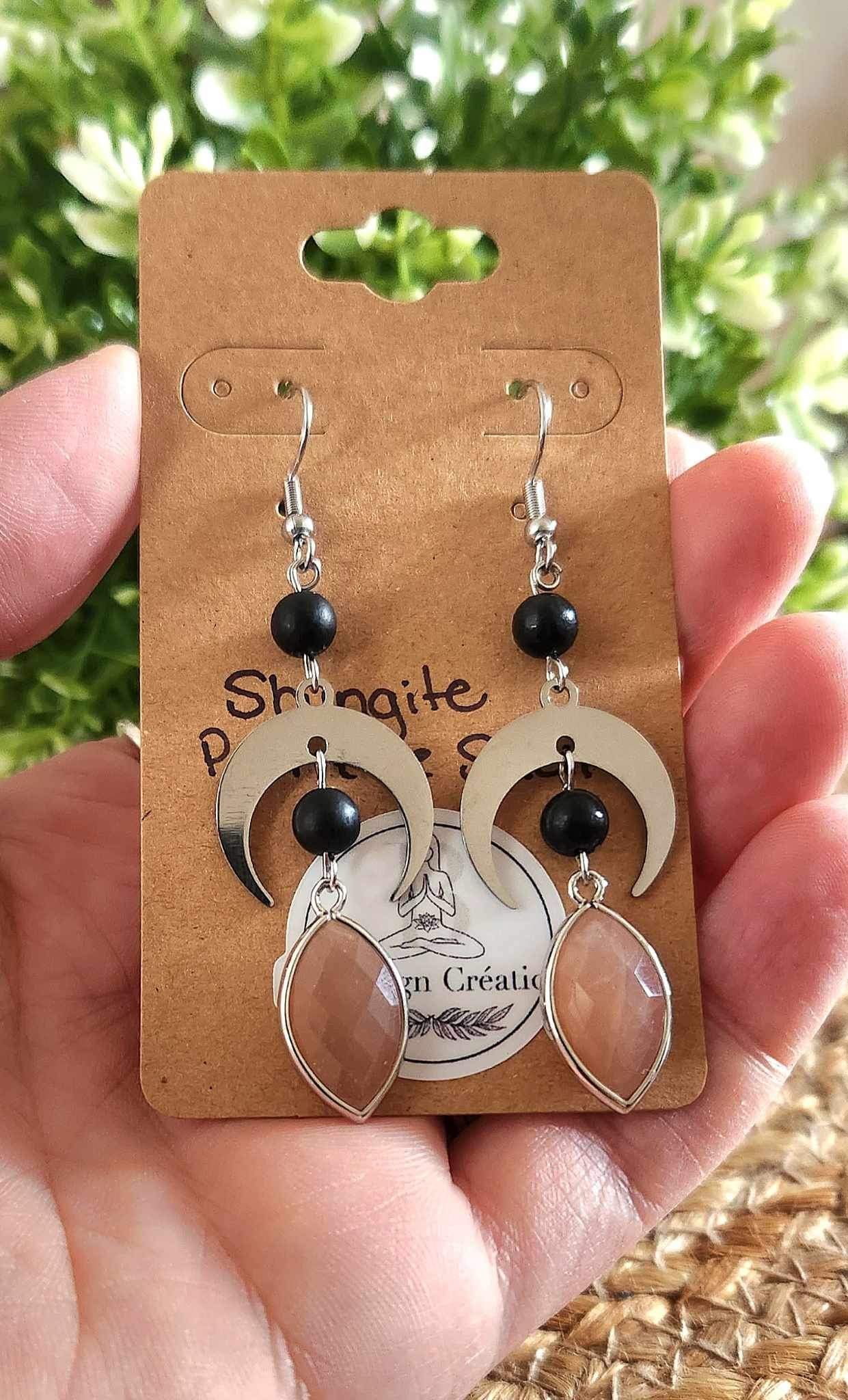 Boucles d’oreilles Lune Shungite et Pierre de lune