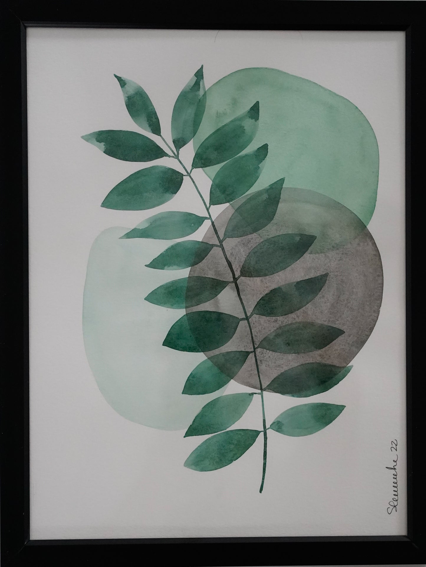 Aquarelle - Abstrait et feuillage vert/gris