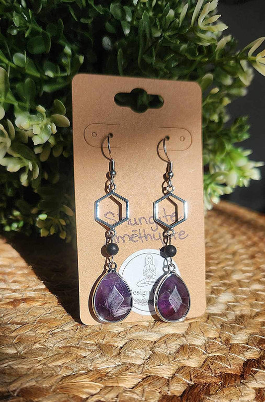 Boucles d’oreilles Hexagone Shungite et Améthyste