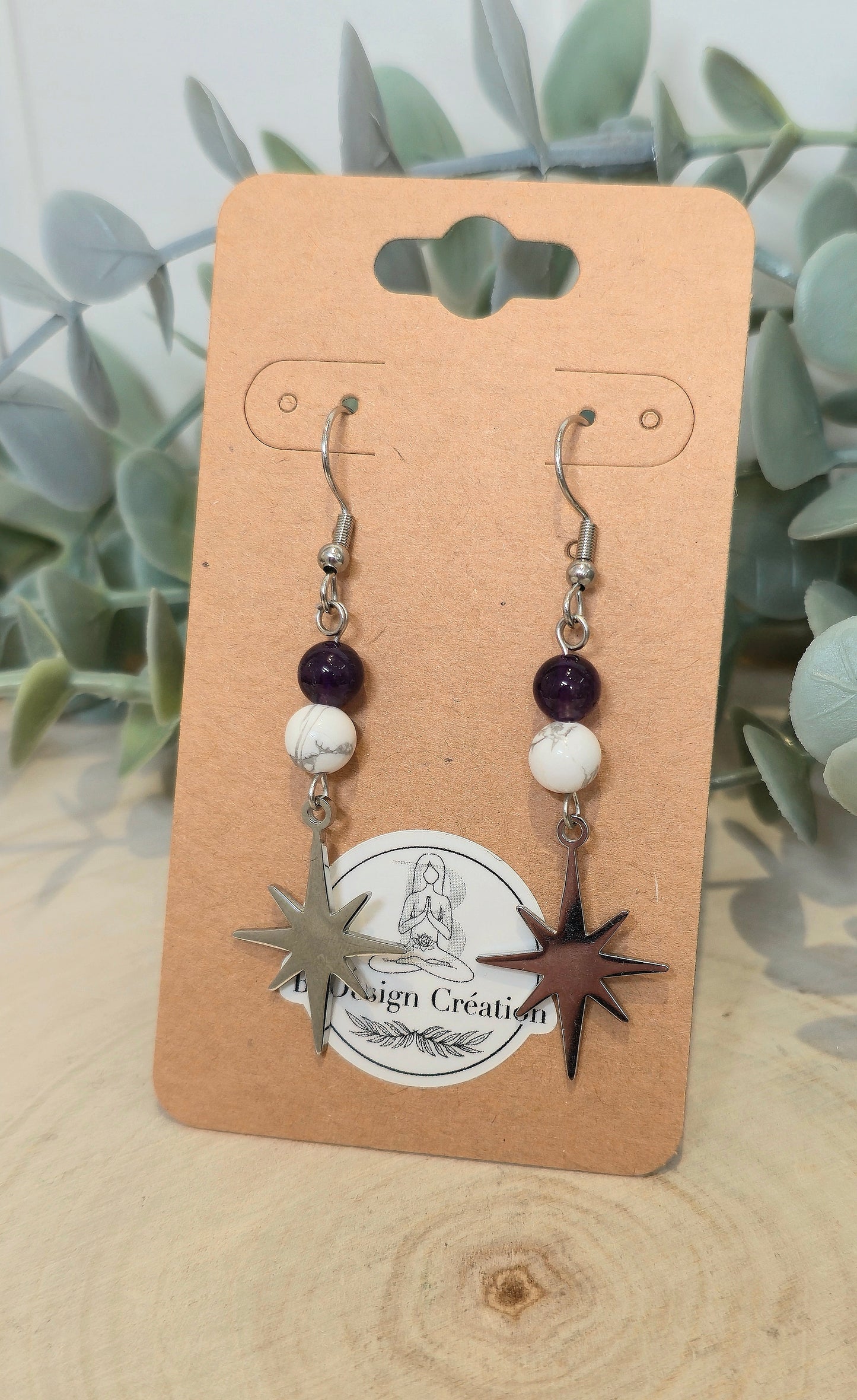 Boucles d’oreilles Étoile Howlite et Améthyste