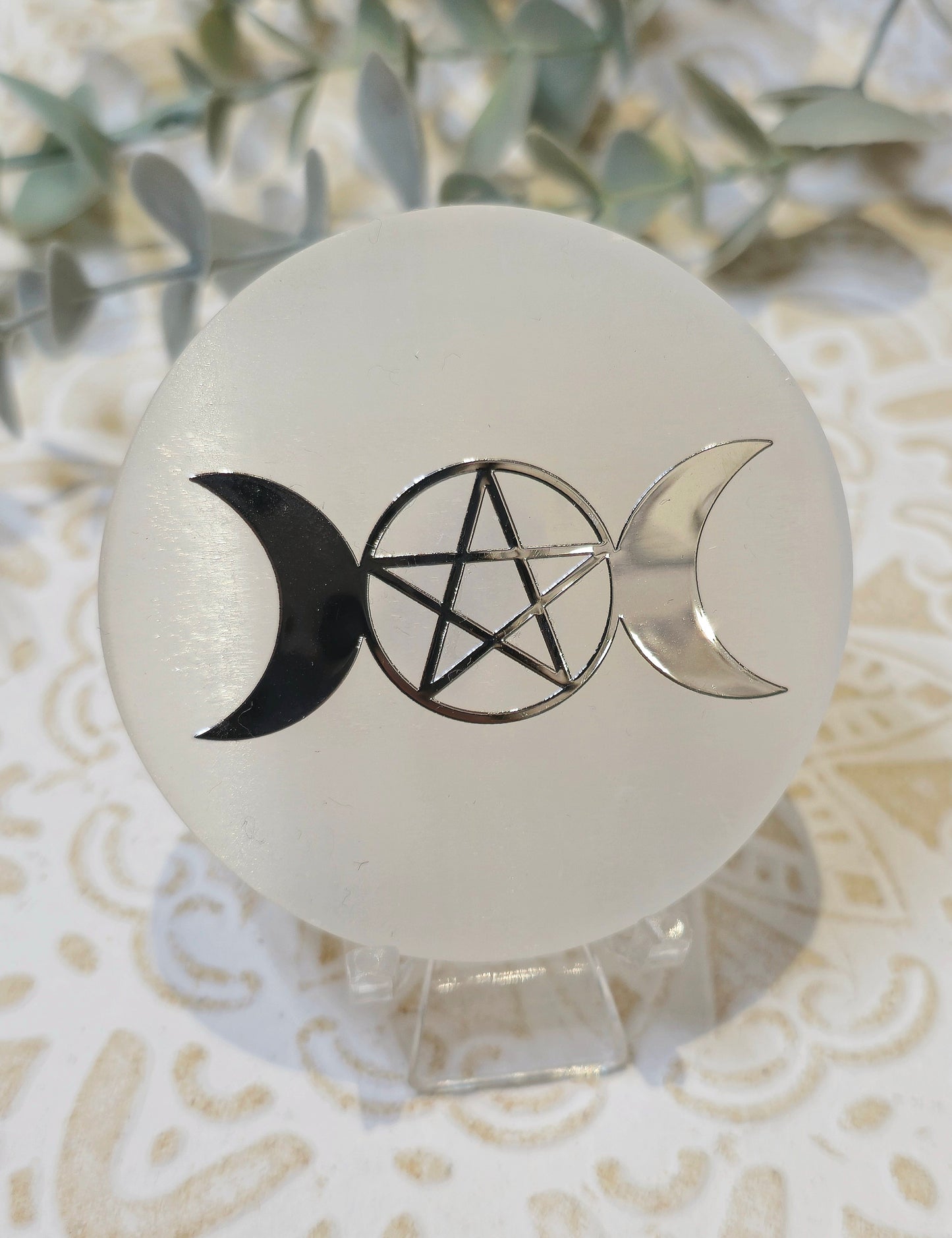 Sélénite Triple lune et pentacle argent
