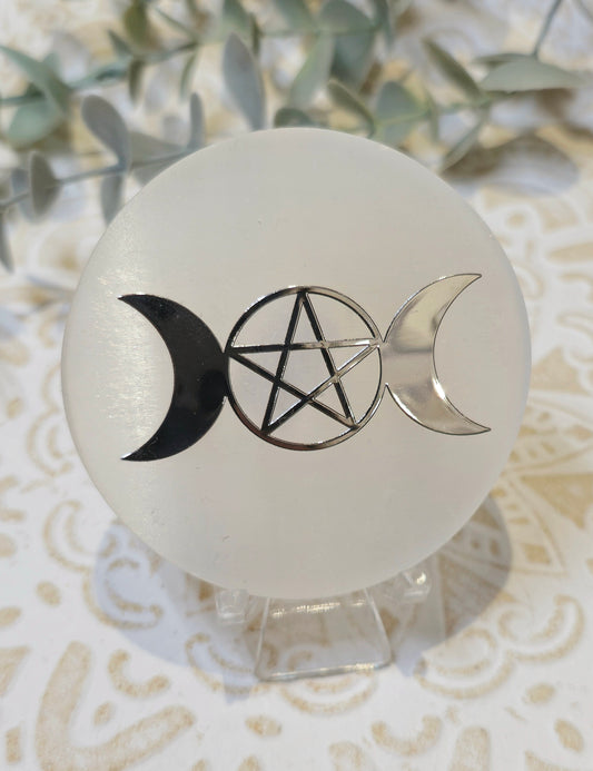 Sélénite Triple lune et pentacle argent
