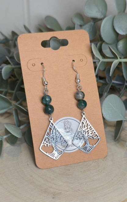 Boucles d’oreilles Arbre de vie avec Agate mousse