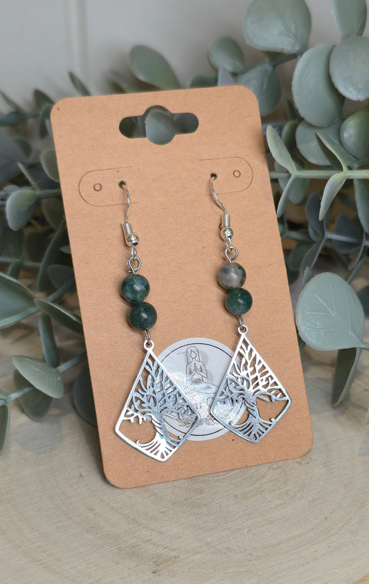 Boucles d’oreilles Arbre de vie avec Agate mousse