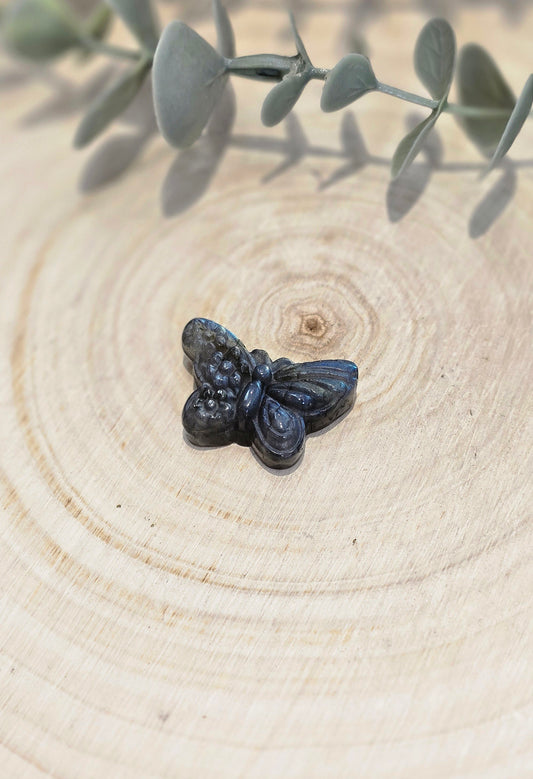 Papillon et fleurs en Labradorite