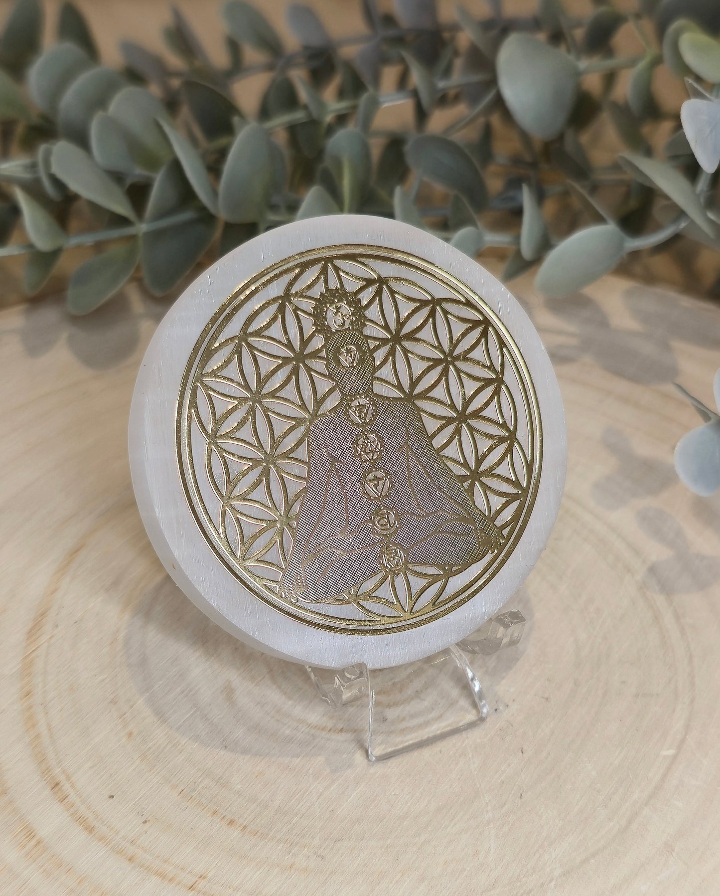 Sélénite Fleur de vie méditation Chakras gold