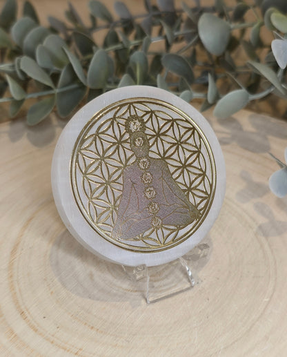 Sélénite Fleur de vie méditation Chakras gold