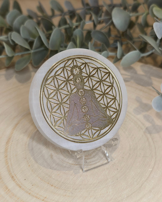 Sélénite Fleur de vie méditation Chakras gold