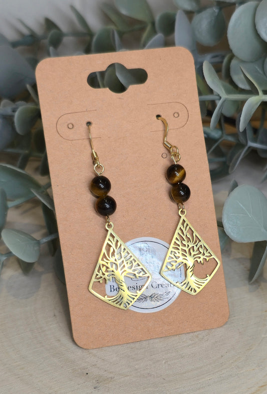Boucles d’oreilles Arbre de vie gold avec Oeil de tigre