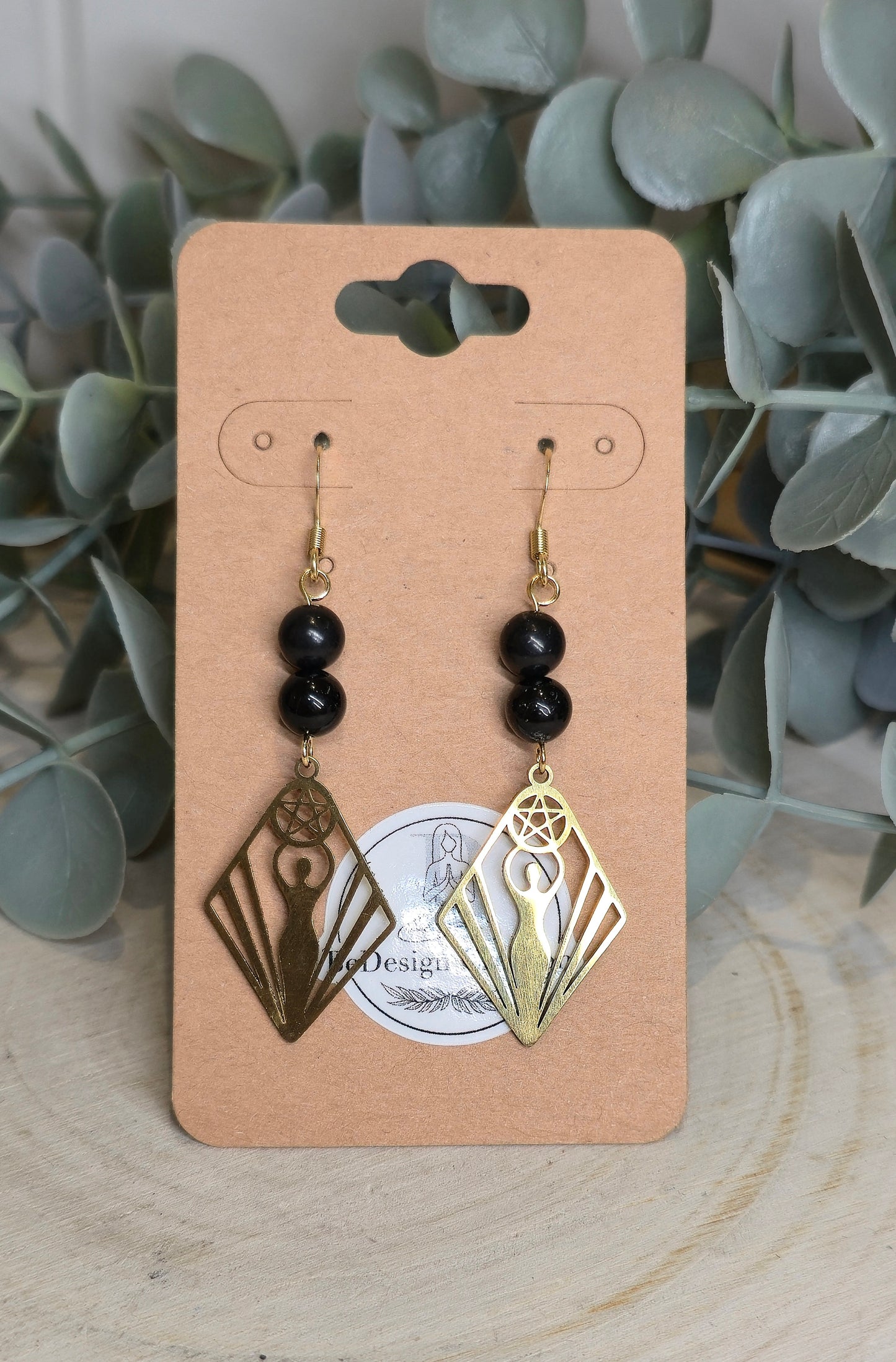 Boucles d’oreilles Déesse Pentacle gold avec Shungite et Tourmaline