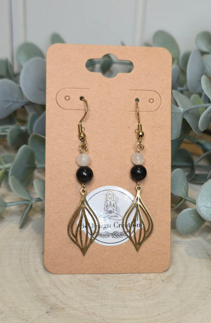 Boucles d’oreilles Géométrie gold Shungite et Quartz clair