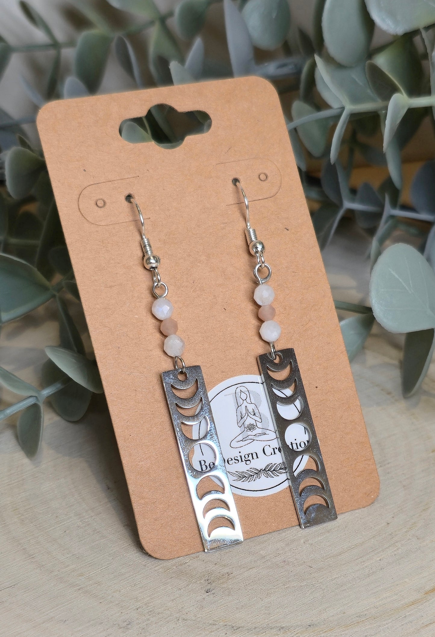 Boucles d’oreilles Phase Lunaire avec Pierre de lune et Pierre de lune pêche
