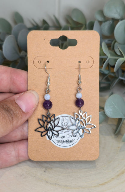 Boucles d’oreilles Lotus Améthyste et Agate dentelle bleue