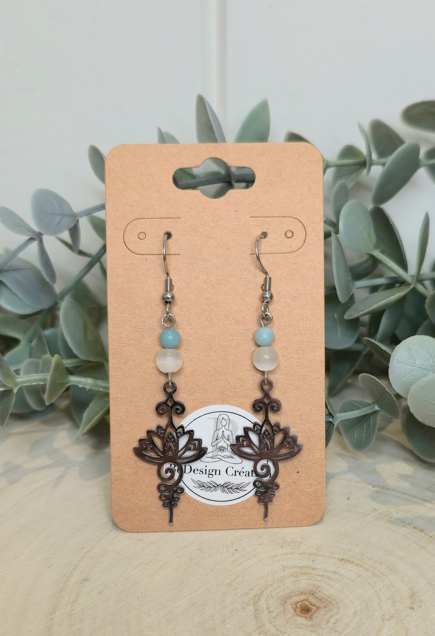 Boucles d’oreilles Lotus Unalum Sélénite et Amazonite