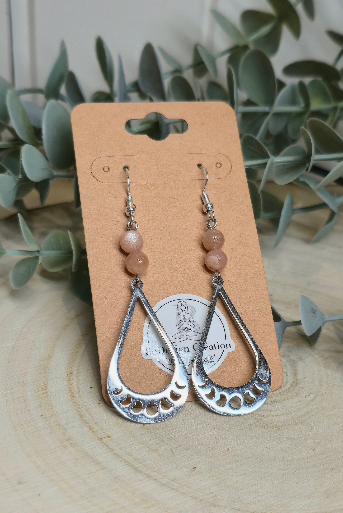 Boucles d’oreilles Phase lunaire avec Pierre de lune pêche