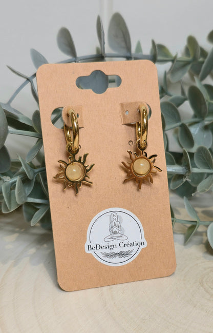Boucles d’oreilles anneau Soleil gold Calcite miel