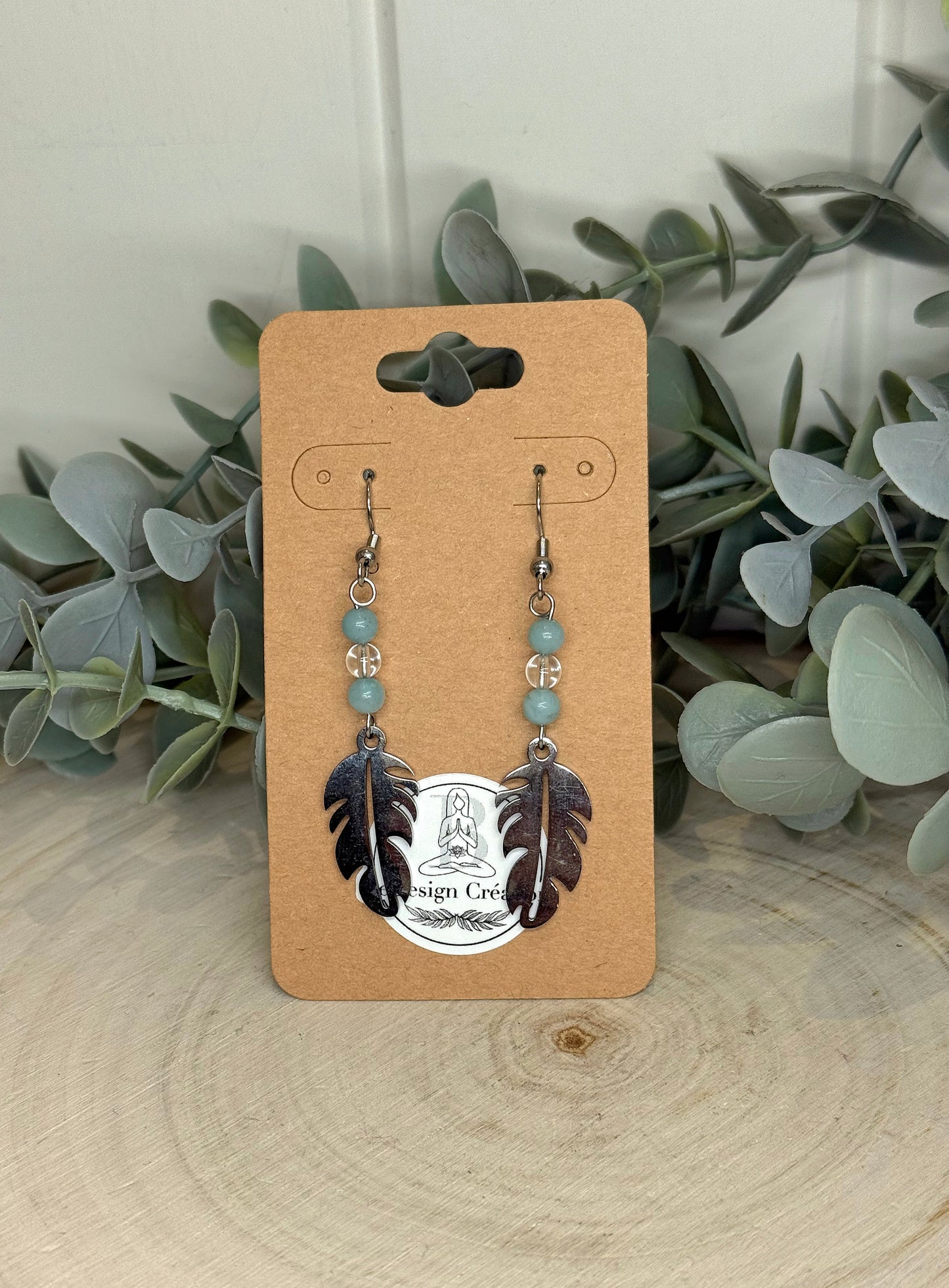 Boucles d’oreilles Plume Amazonite et Quartz clair