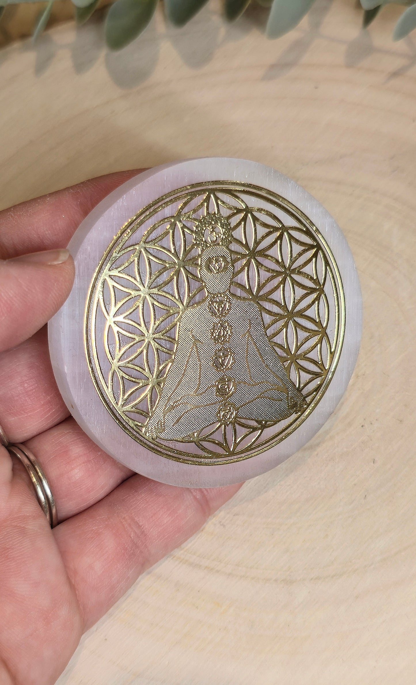 Sélénite Fleur de vie méditation Chakras gold
