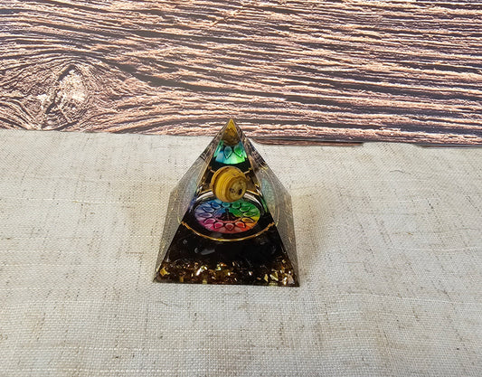 Pyramide Orgonite Obsidienne et oeil de tigre