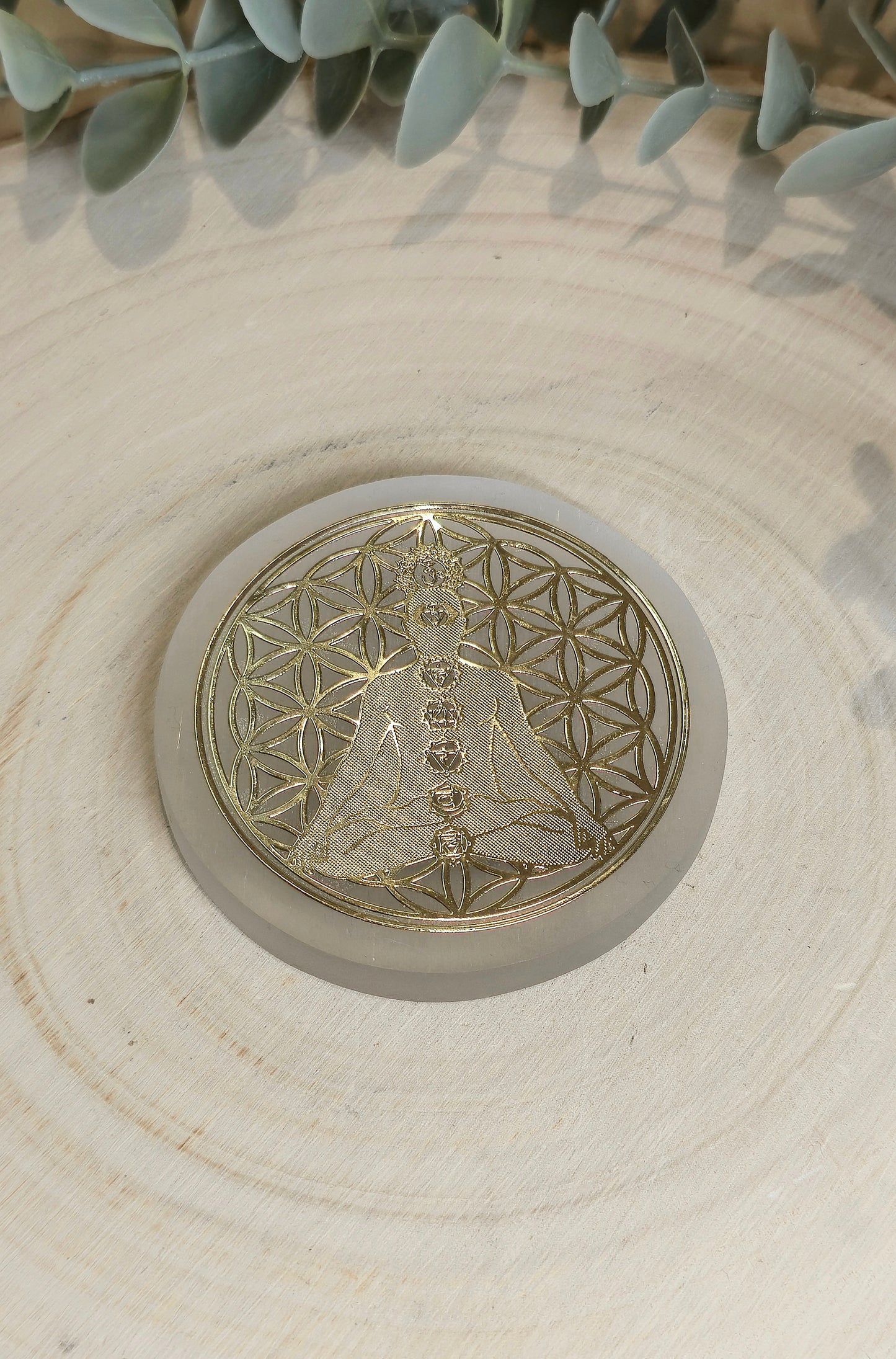 Sélénite Fleur de vie méditation Chakras gold