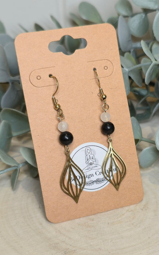 Boucles d’oreilles Géométrie gold Shungite et Quartz clair