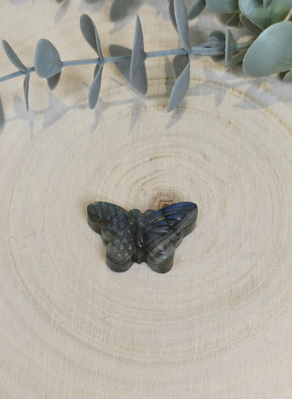 Papillon et fleurs en Labradorite