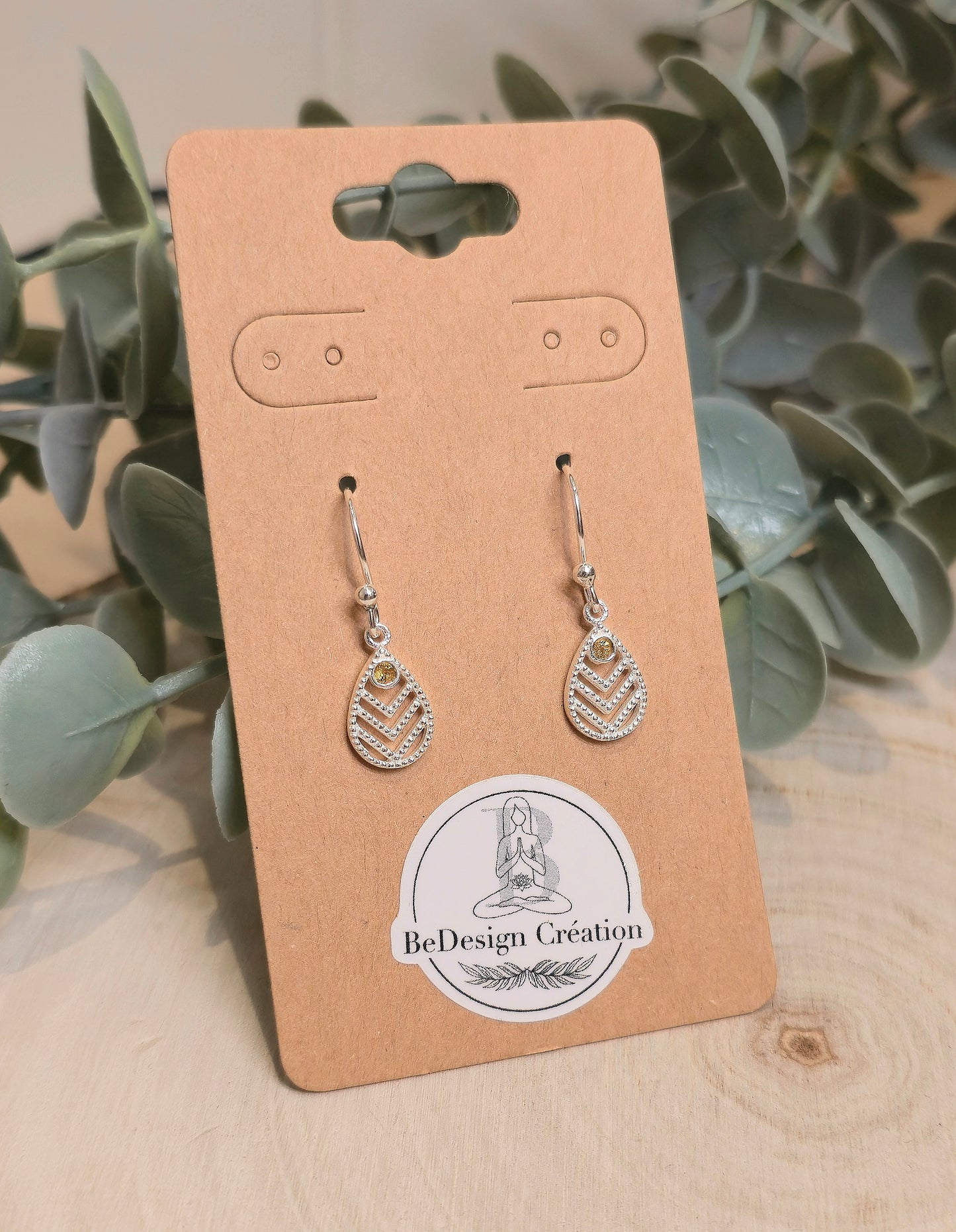 Boucles d'oreilles feuille pendante Citrine
