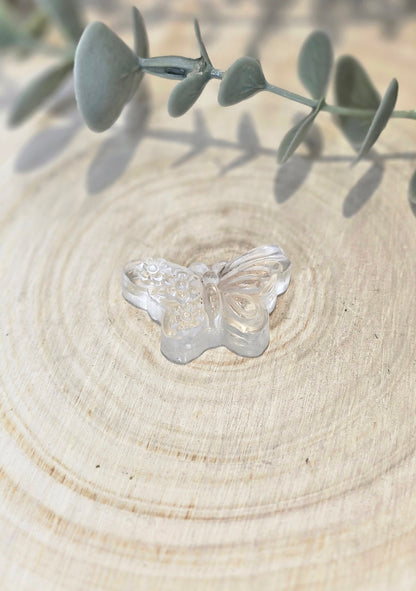 Papillon et fleurs en Quartz clair