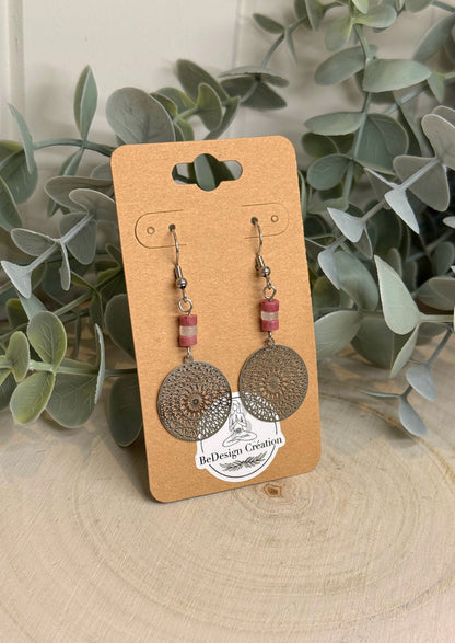 Boucles d’oreilles Mandala Rhodonite et Quartz clair