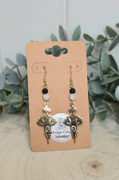 Boucles d’oreilles Lotus Unalum gold Pierre de lune et Shungite