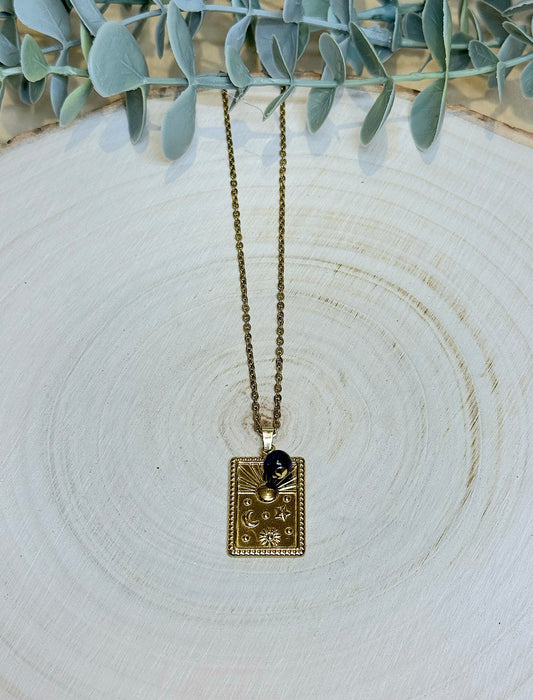 Collier Soleil / Lune / étoiles et pierre gold