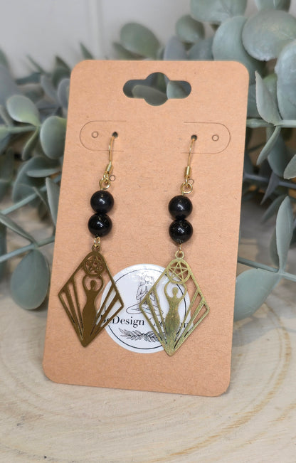 Boucles d’oreilles Déesse Pentacle gold avec Shungite et Tourmaline