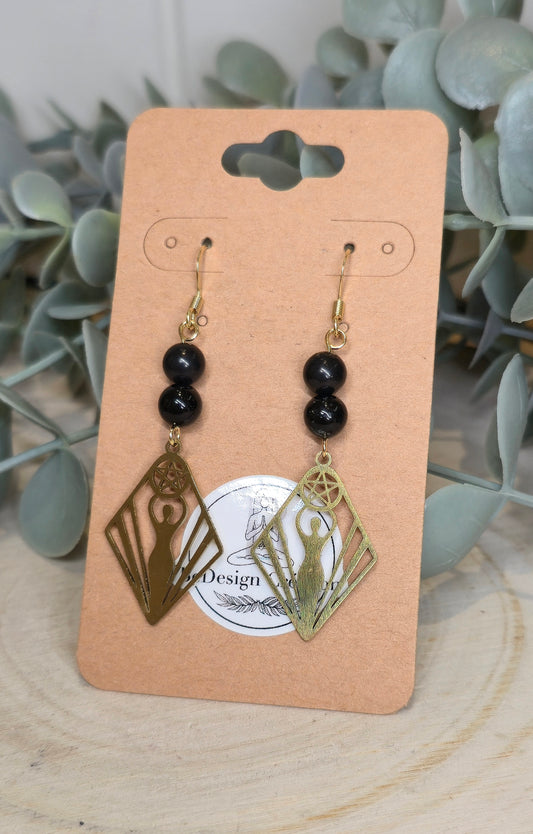 Boucles d’oreilles Déesse Pentacle gold avec Shungite et Tourmaline