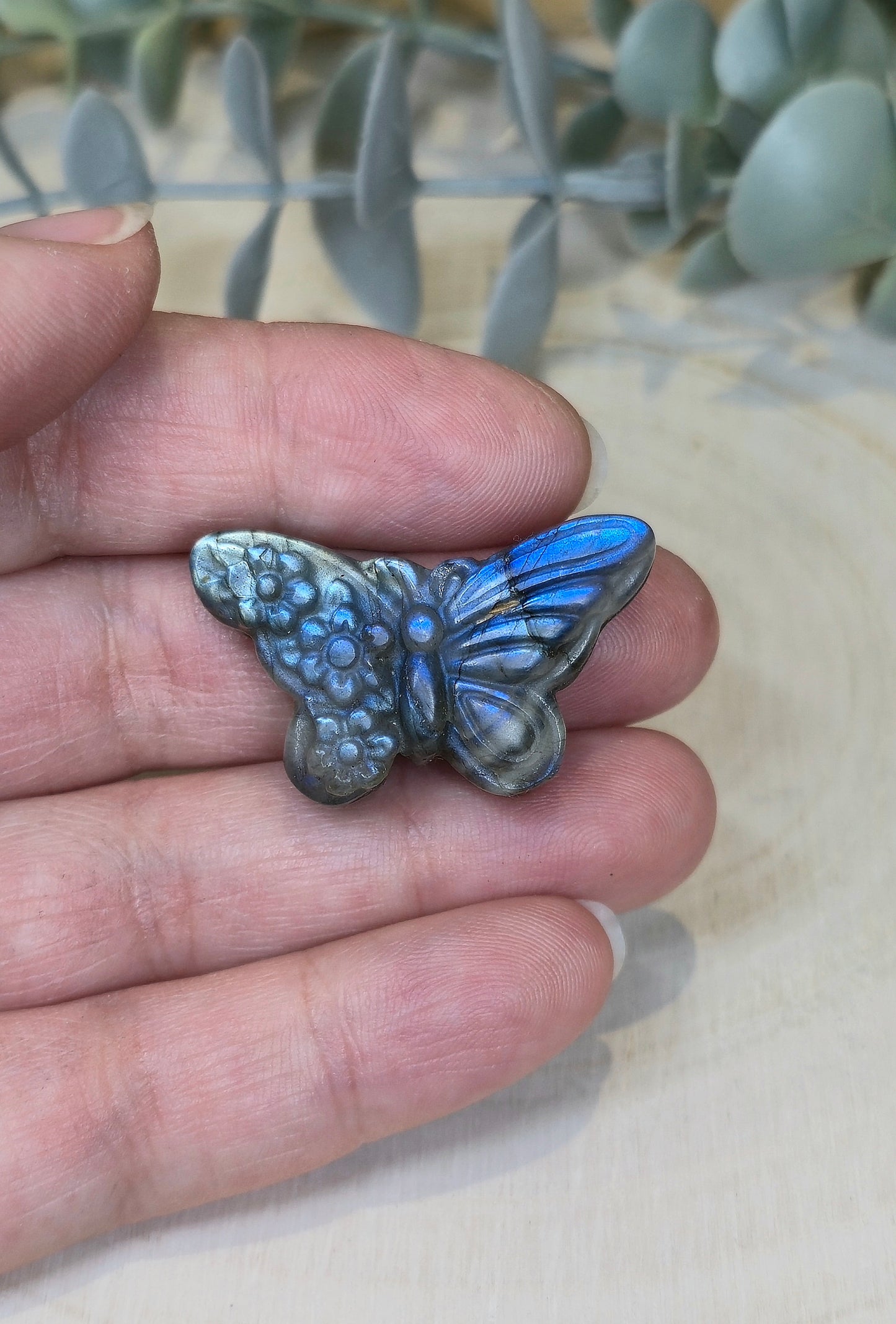 Papillon et fleurs en Labradorite