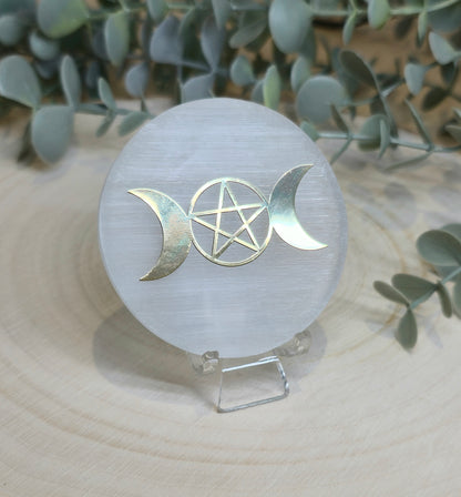 Sélénite Triple lune et pentacle gold
