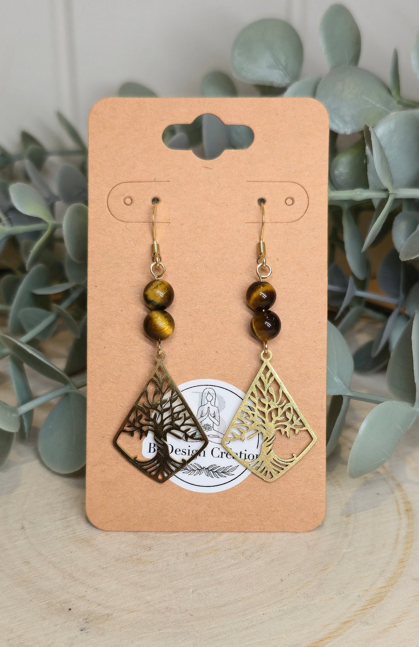 Boucles d’oreilles Arbre de vie gold avec Oeil de tigre